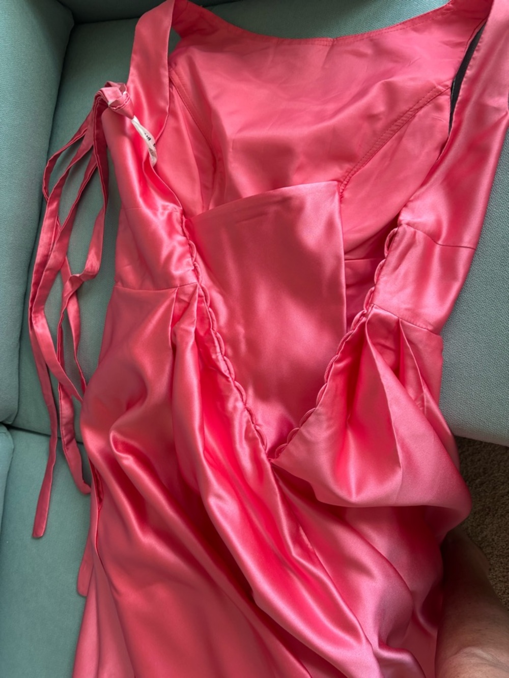 Elegant Satin Hi-Low Dress w/ Lace-Up Back & Pockets – Size S - Picture 10 of 13